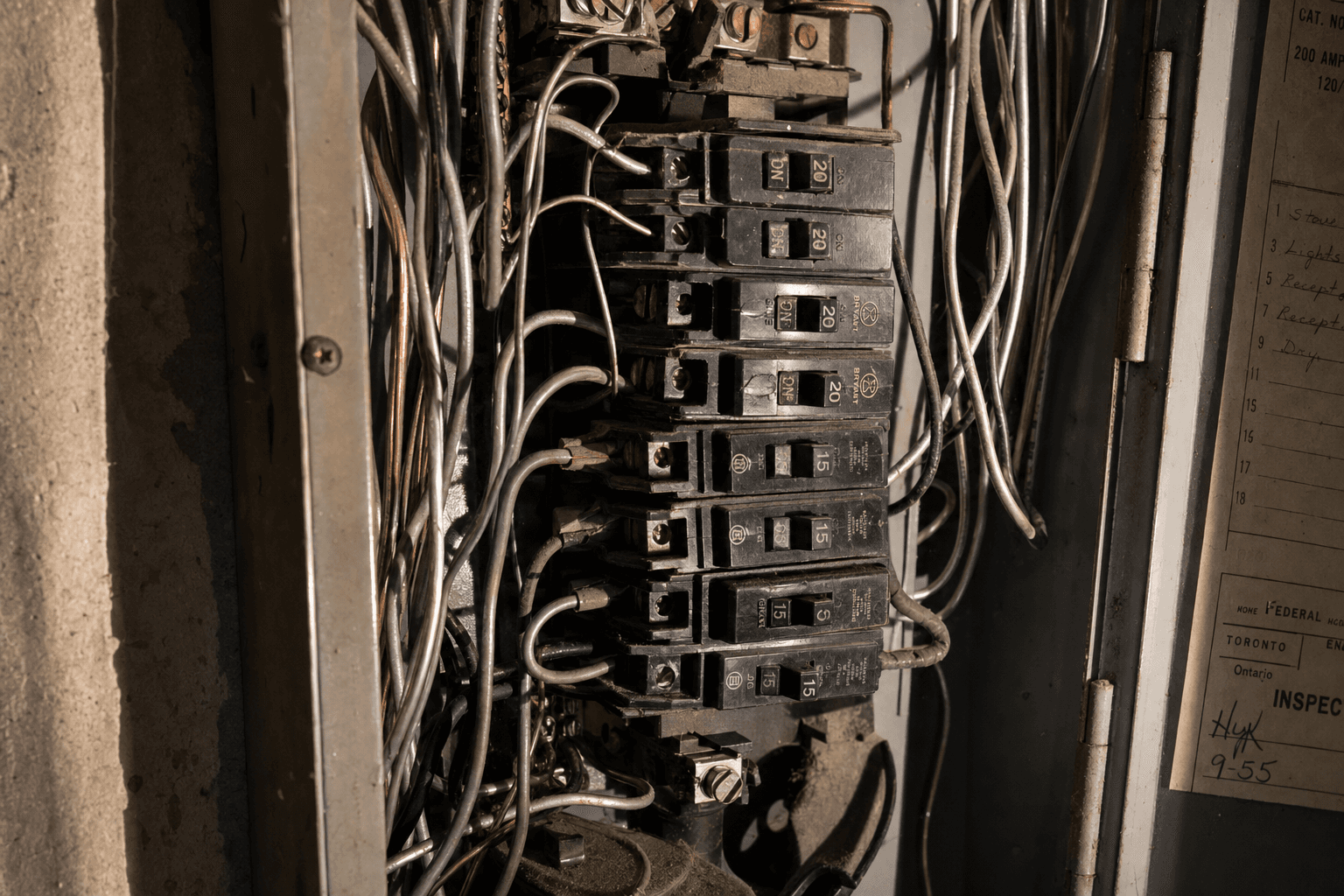 Old residential electrical panel with aluminum wiring visible in a 1970s Ontario home