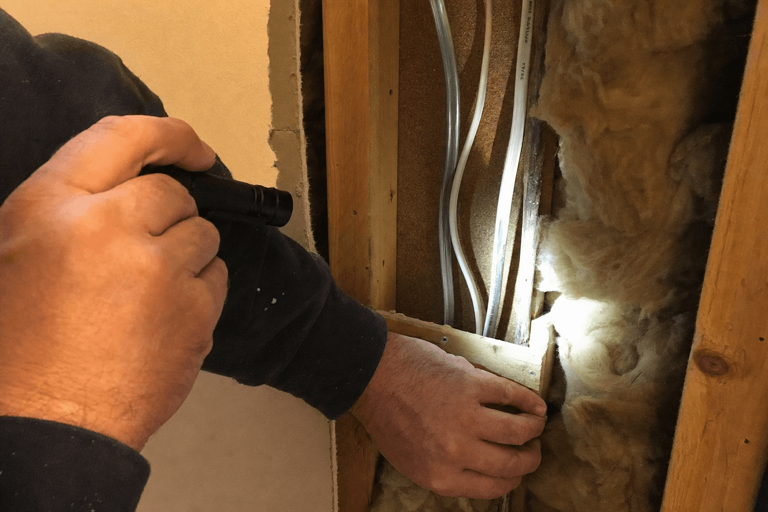 Electrician's hands using a flashlight to inspect aluminum wiring inside a wall cavity of an older Ontario home