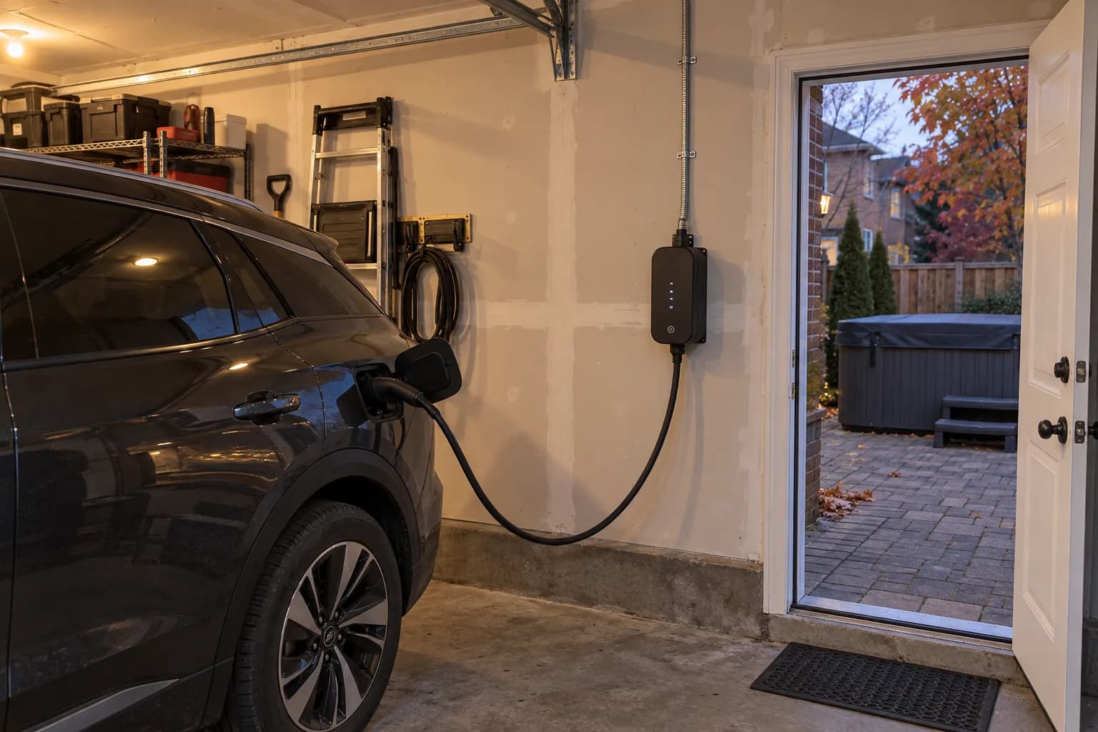 Attached garage with a Level 2 EV charger on the wall and a covered hot tub visible through the side door