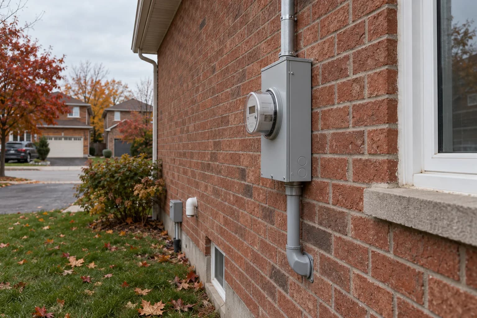 New electrical meter base and meter on the brick side wall of a Brampton home with fresh conduit