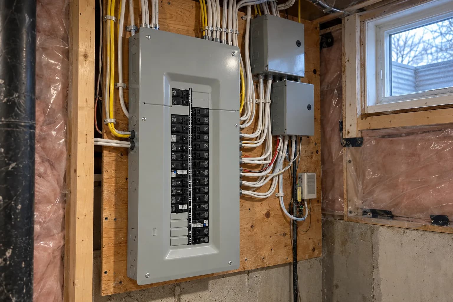 New grey 200 amp breaker panel on a plywood backboard in a Brampton basement