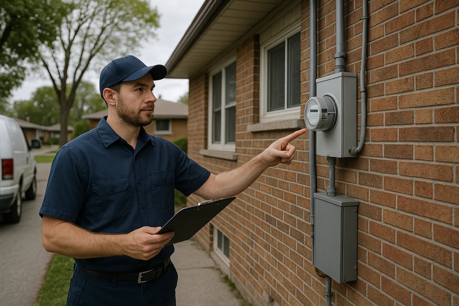 Electrician pointing to the electrical meter and panel on the side of a 1960s brick bungalow in a Brampton neighbourhood