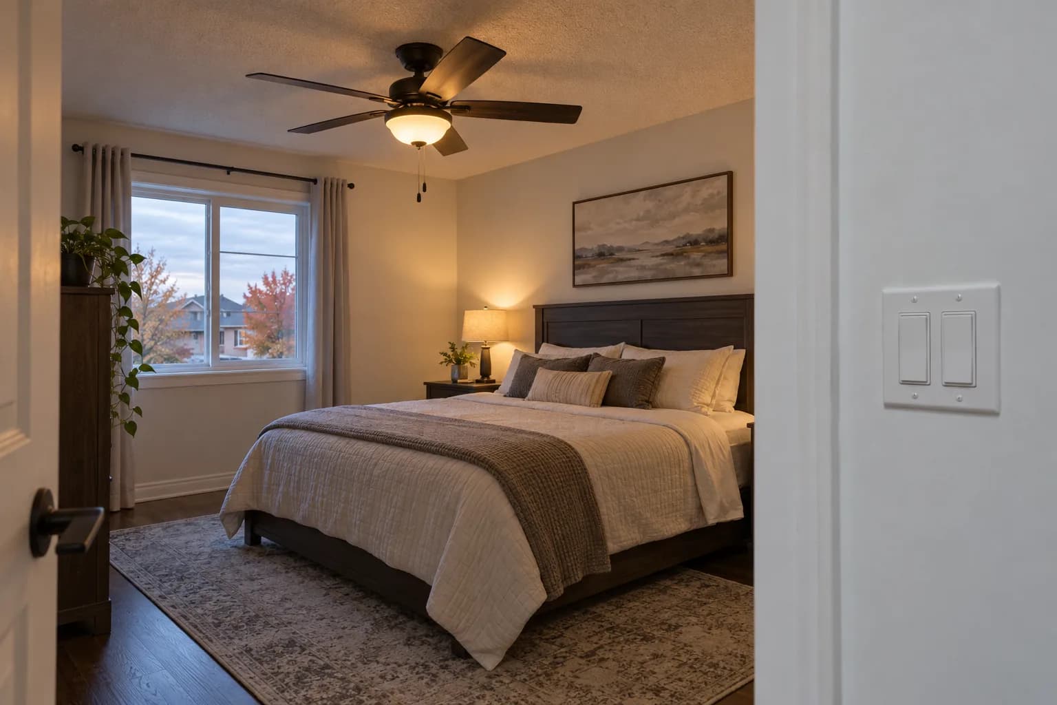 Bedroom with a ceiling fan and a two-button wall control beside the door