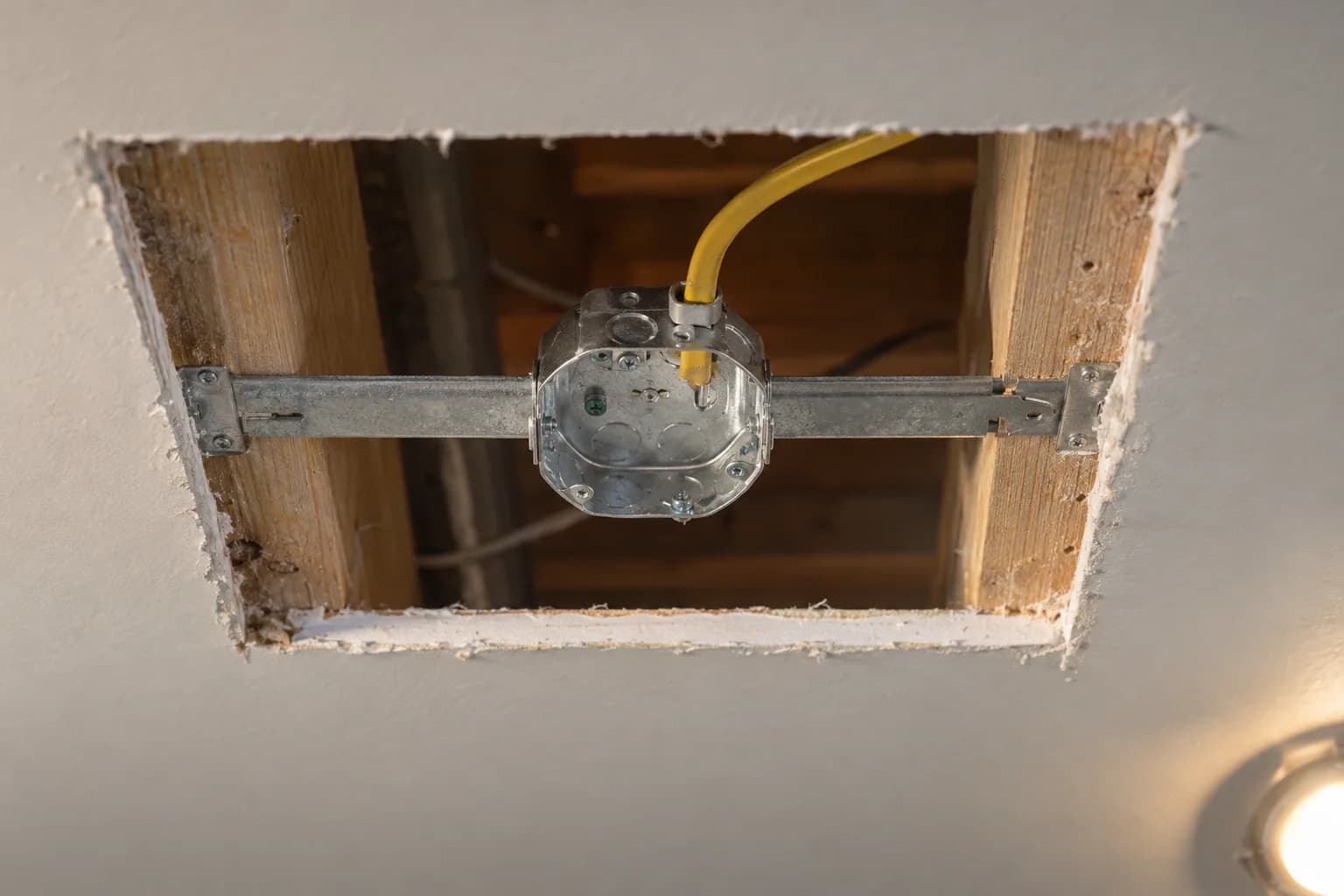 Open drywall ceiling showing a metal fan-rated electrical box mounted on a brace between wood joists