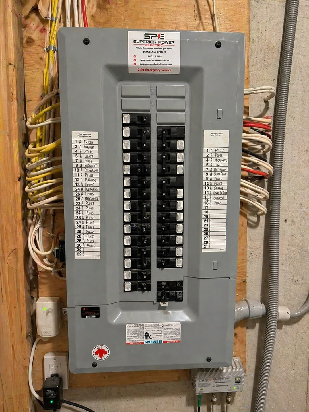 Electrician inspecting a residential fuse box panel in an Ontario home