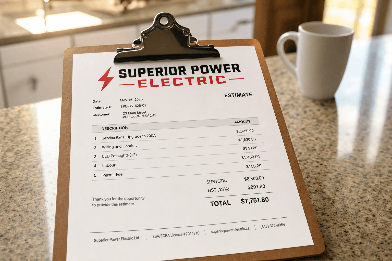 Superior Power Electric estimate on a clipboard on a kitchen counter showing itemized electrical work costs