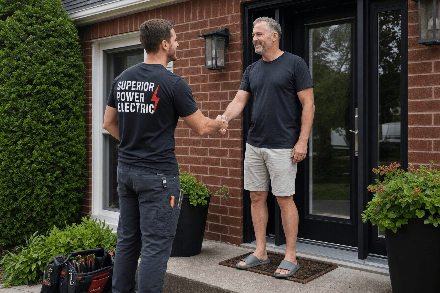 Superior Power Electric electrician shaking hands with a homeowner at the front door of a Brampton home
