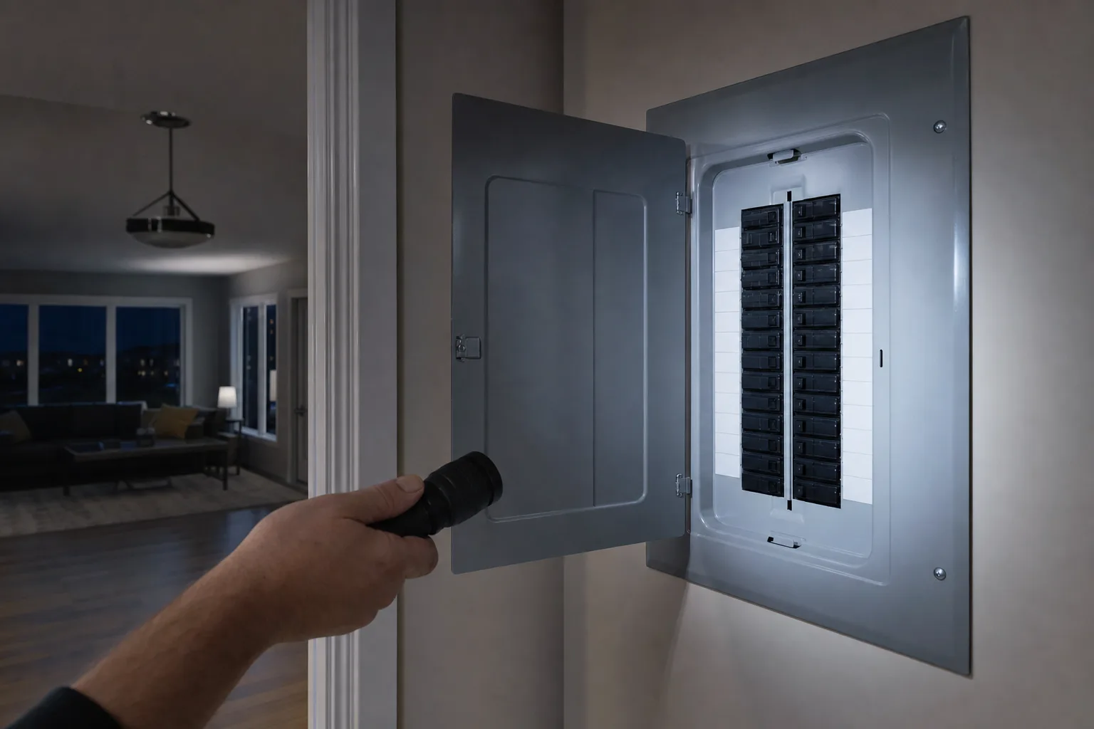 Flashlight beam on an open residential electrical panel during an after-hours service call in a Brampton home