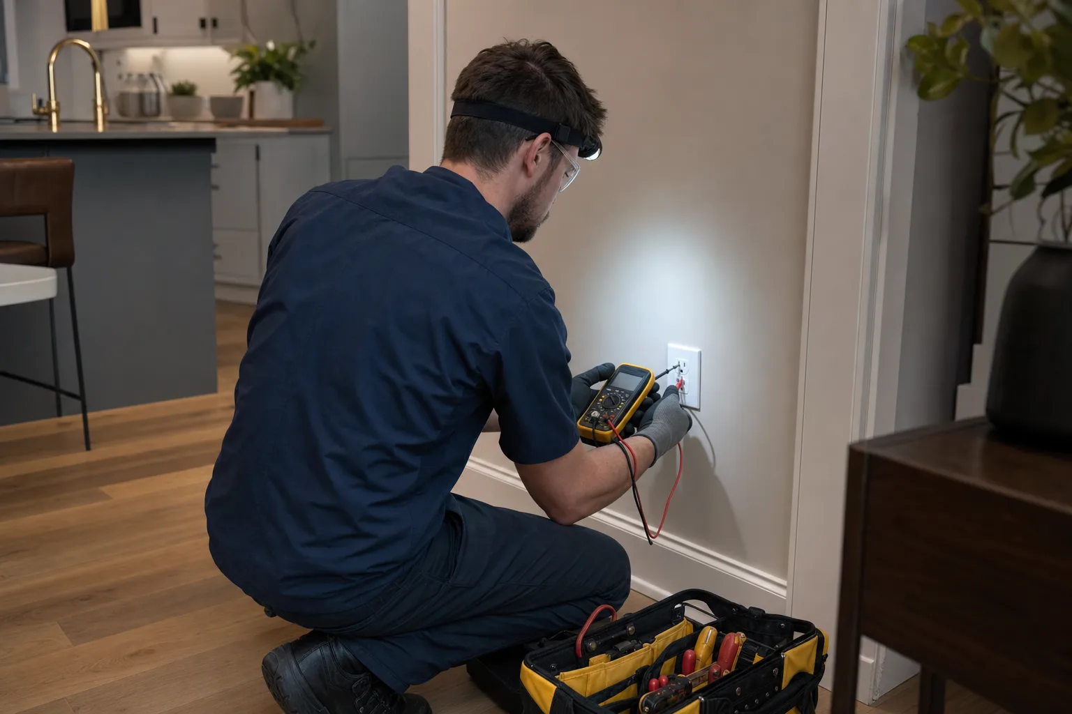 Superior Power Electric electrician testing a wall outlet with a multimeter in the evening