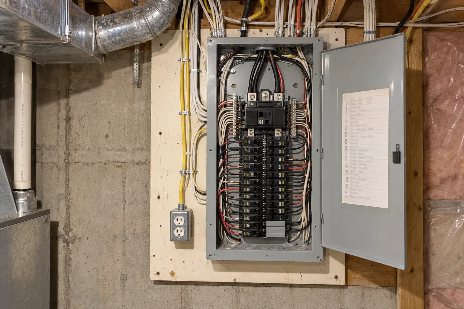 Open 200-amp breaker panel on a plywood backboard in an unfinished Ontario basement