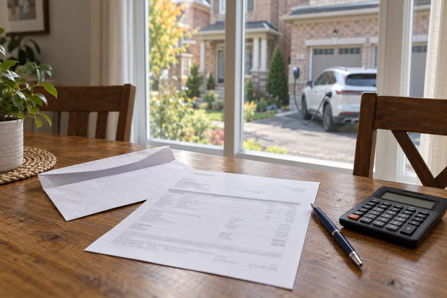 Opened envelope and invoice on a dining table beside a calculator, with an electric SUV charging in the driveway outside the window