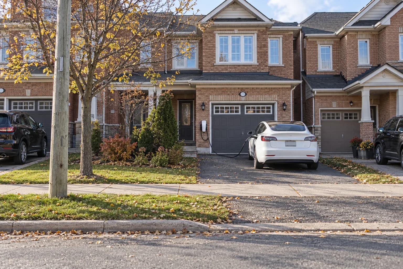Brampton brick townhouse seen from the sidewalk, with an EV charger on the wall beside the garage and a car plugged in