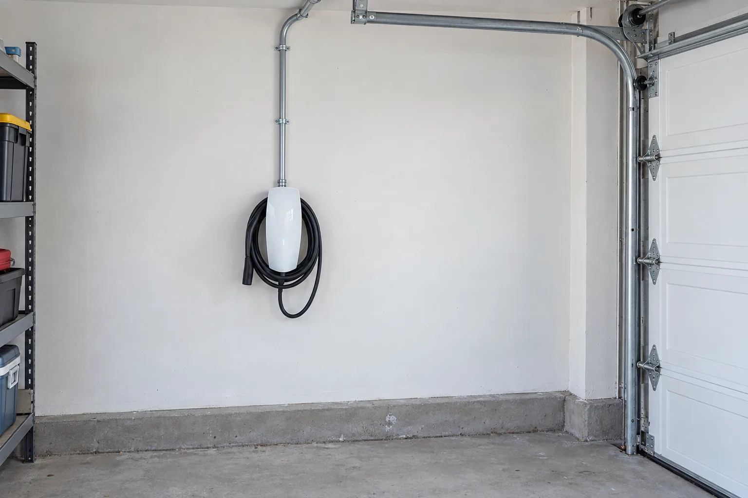 Hardwired Level 2 EV charger on a garage wall with metal conduit running down from the ceiling