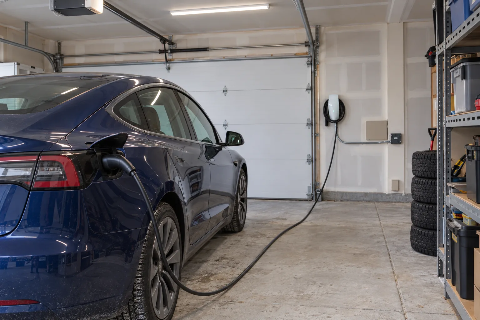 Electric sedan plugged into a wall-mounted Level 2 charger inside an Ontario garage