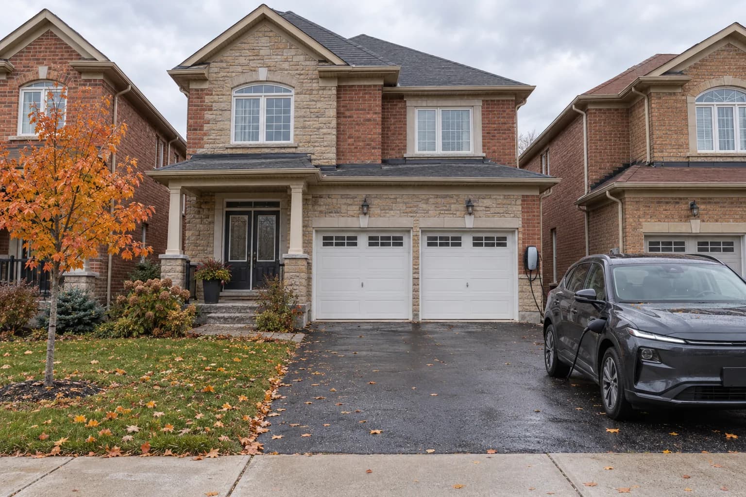 Brick and stone detached home in Brampton with a Level 2 EV charger on the wall beside the garage, cable plugged into an electric SUV in the driveway