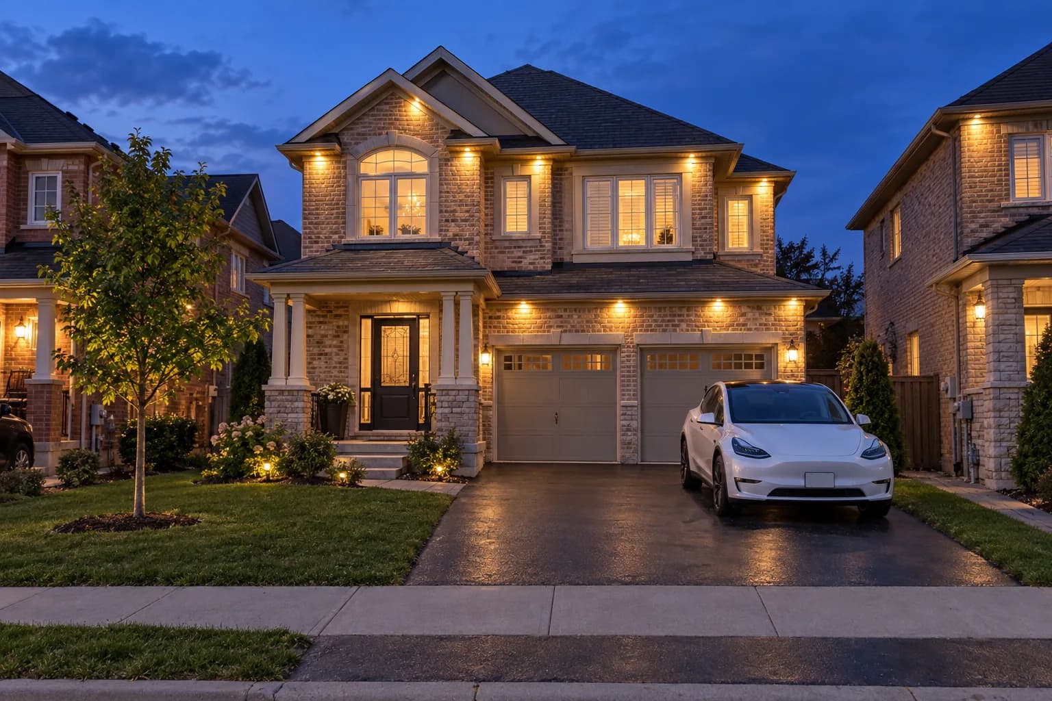 Brampton brick and stone detached home at blue hour with soffit pot lights glowing around the roofline and an electric car in the driveway