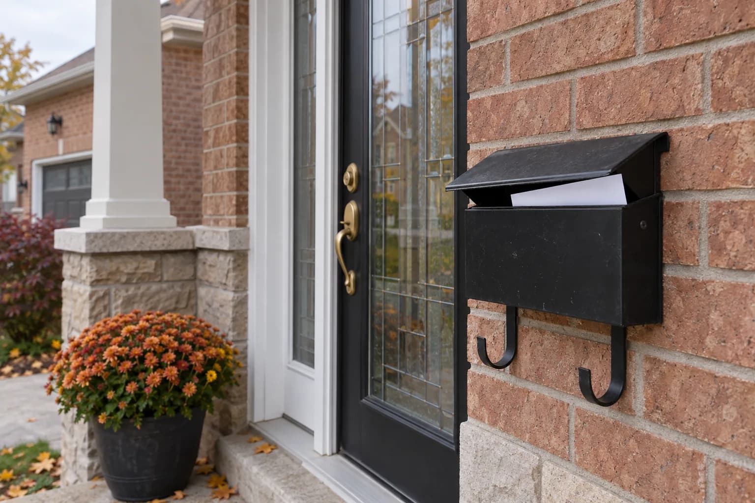 Black mailbox with a white envelope beside the front door of a brick GTA home