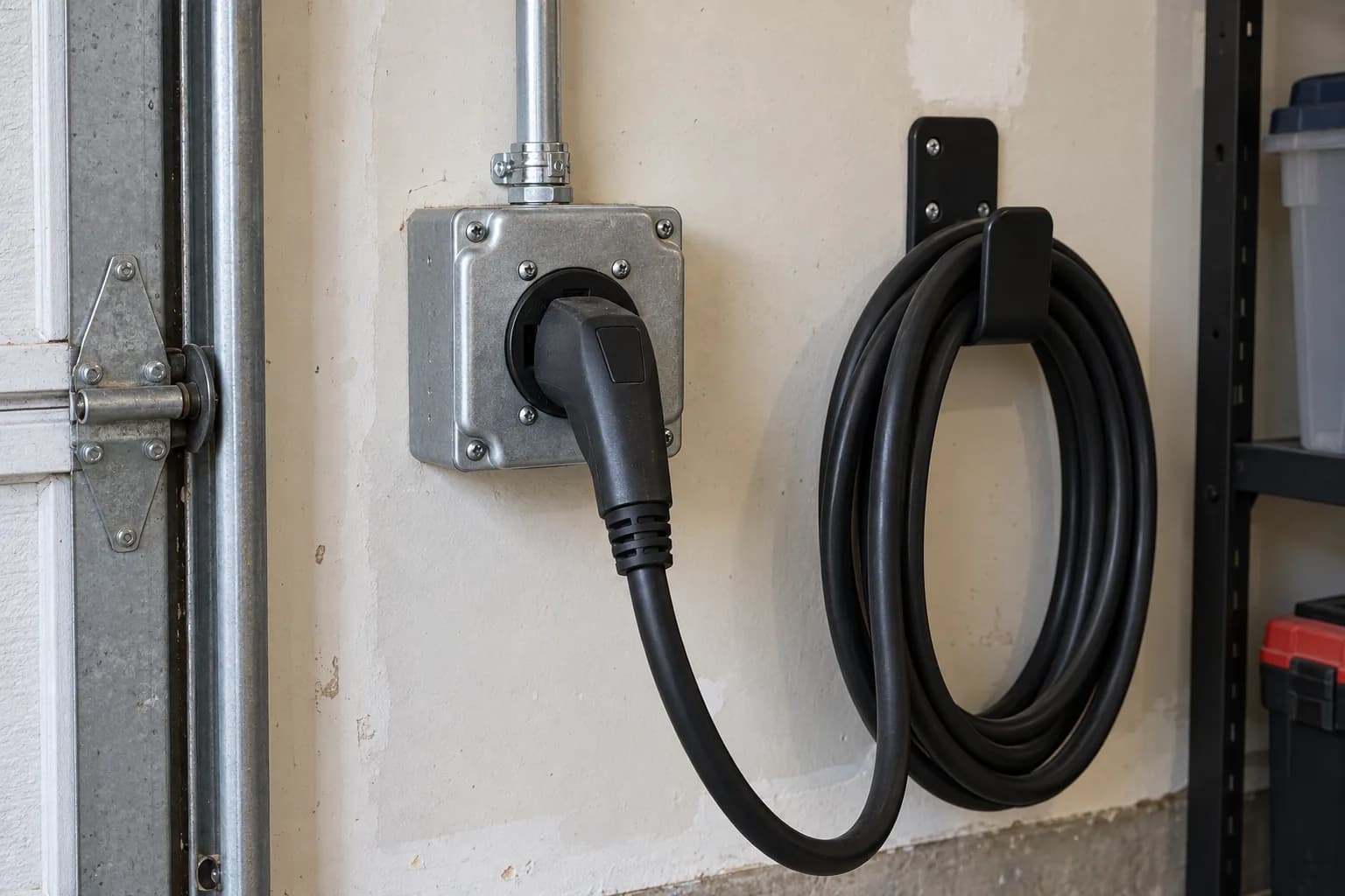 NEMA 14-50 outlet on a garage wall with an EV charging cord plugged in and coiled on a hook