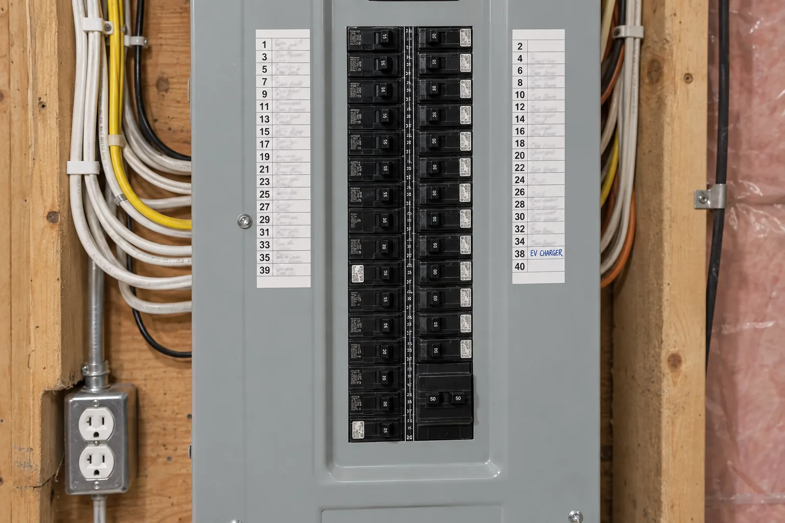 Breaker panel with a new 2-pole 50 amp breaker and EV CHARGER written on the circuit directory