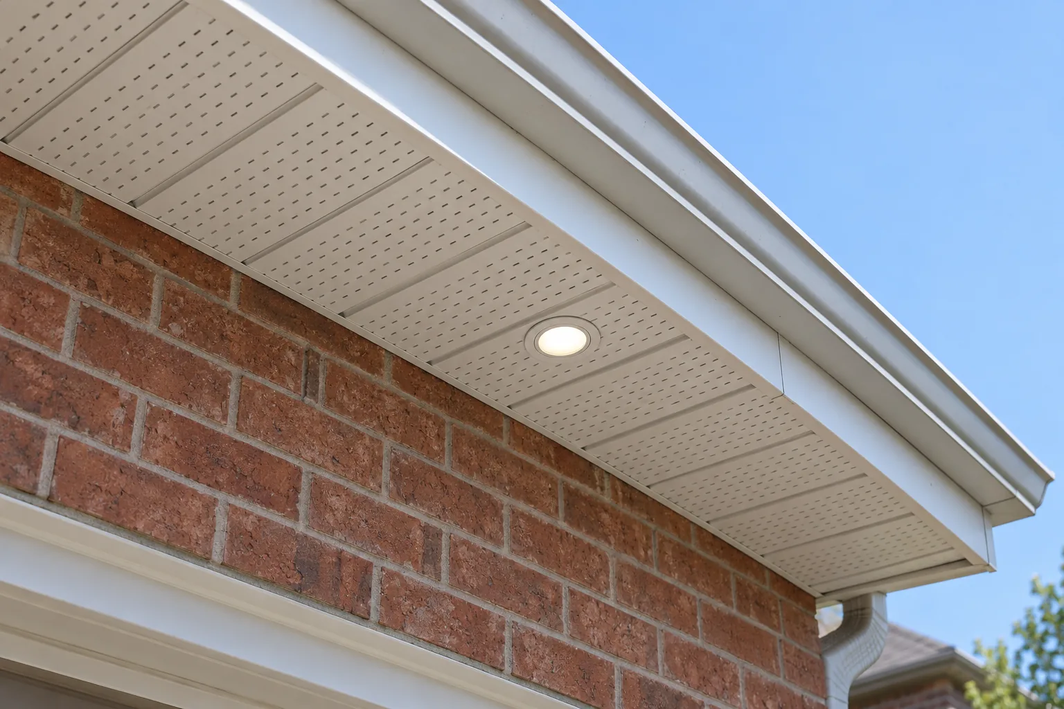 Slim LED pot light installed in a white aluminum soffit above a brick wall