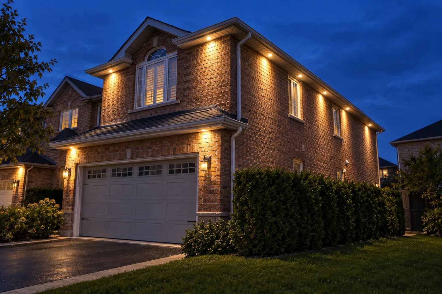 Soffit pot lights glowing down the brick corner of a Brampton home at dusk