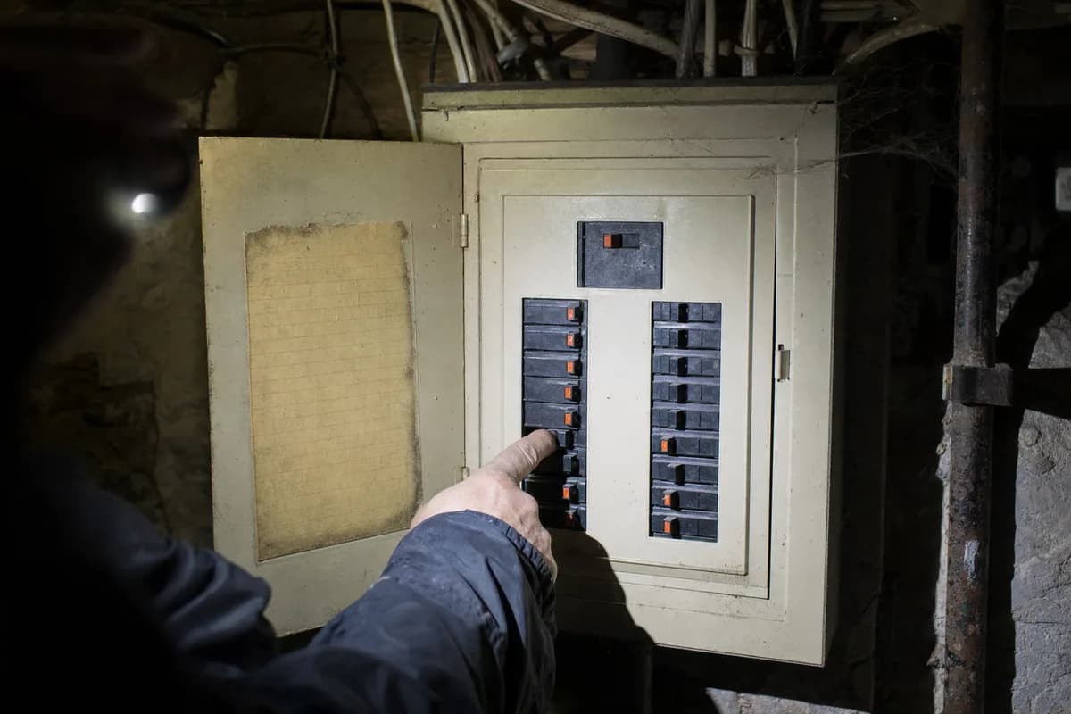 Old Federal Pioneer style 100-amp panel with orange-tipped breakers in a dim basement
