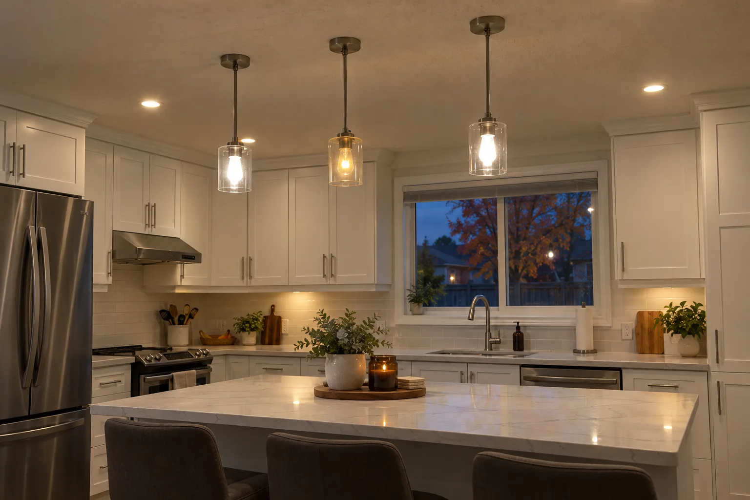 Kitchen in a Brampton home at dusk with three pendant lights over the island, one noticeably dimmer than the others