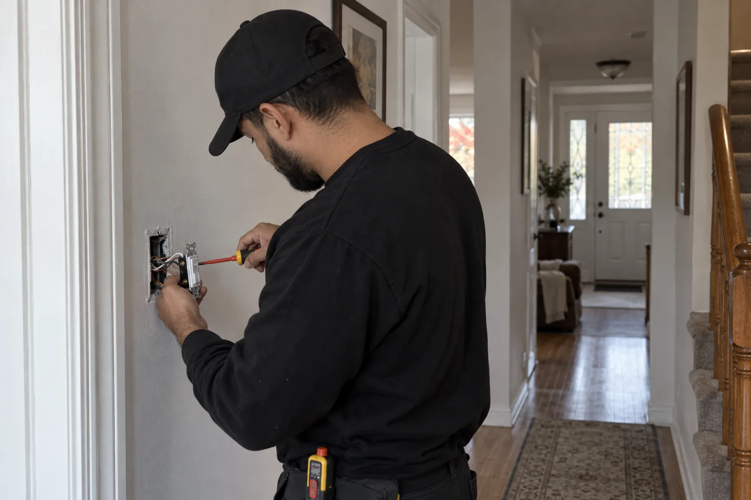 Electrician in a black shirt and cap checking the wiring behind a light switch with the cover plate removed