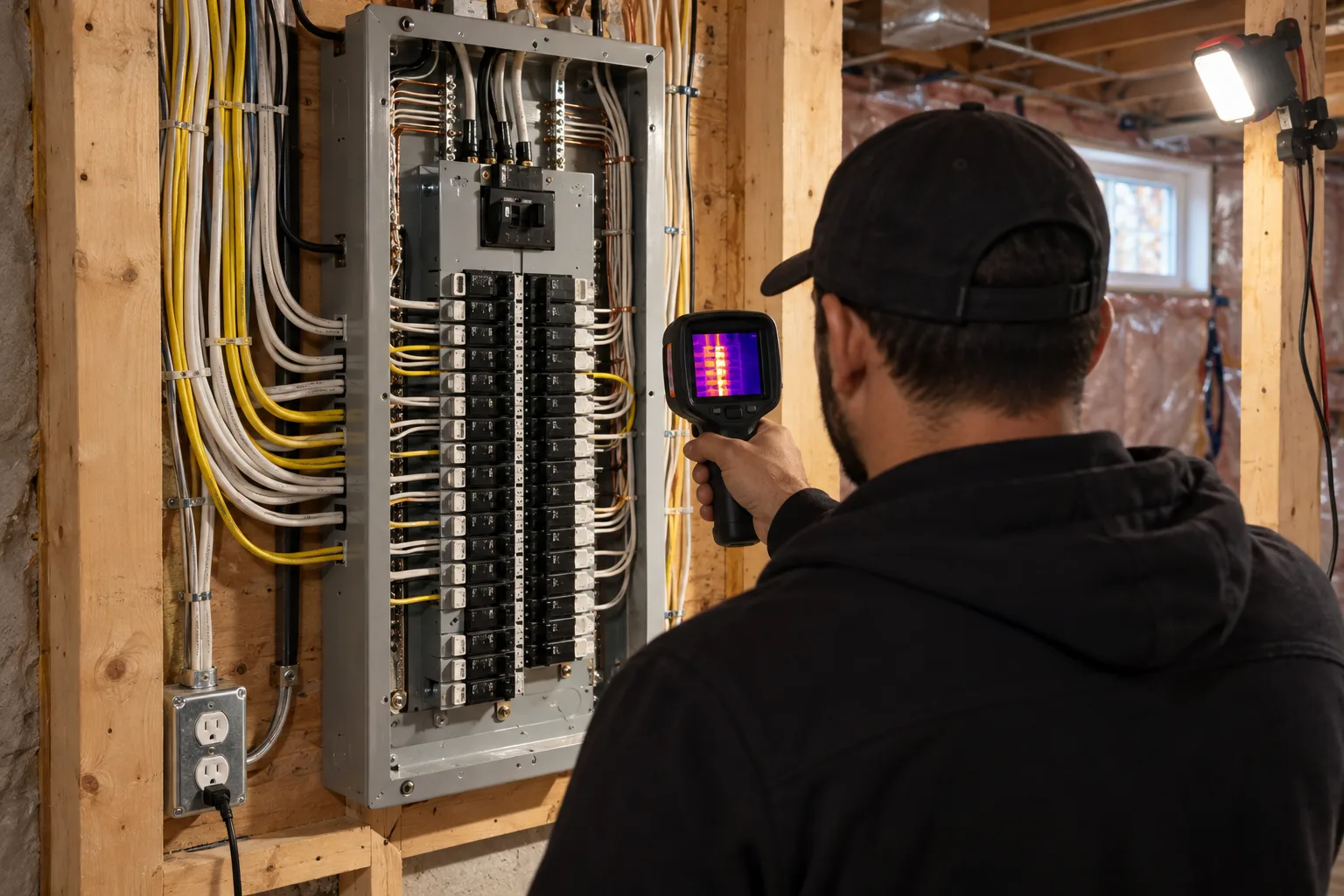 Electrician in a black hoodie and cap pointing a thermal camera at an open grey breaker panel in a Brampton basement