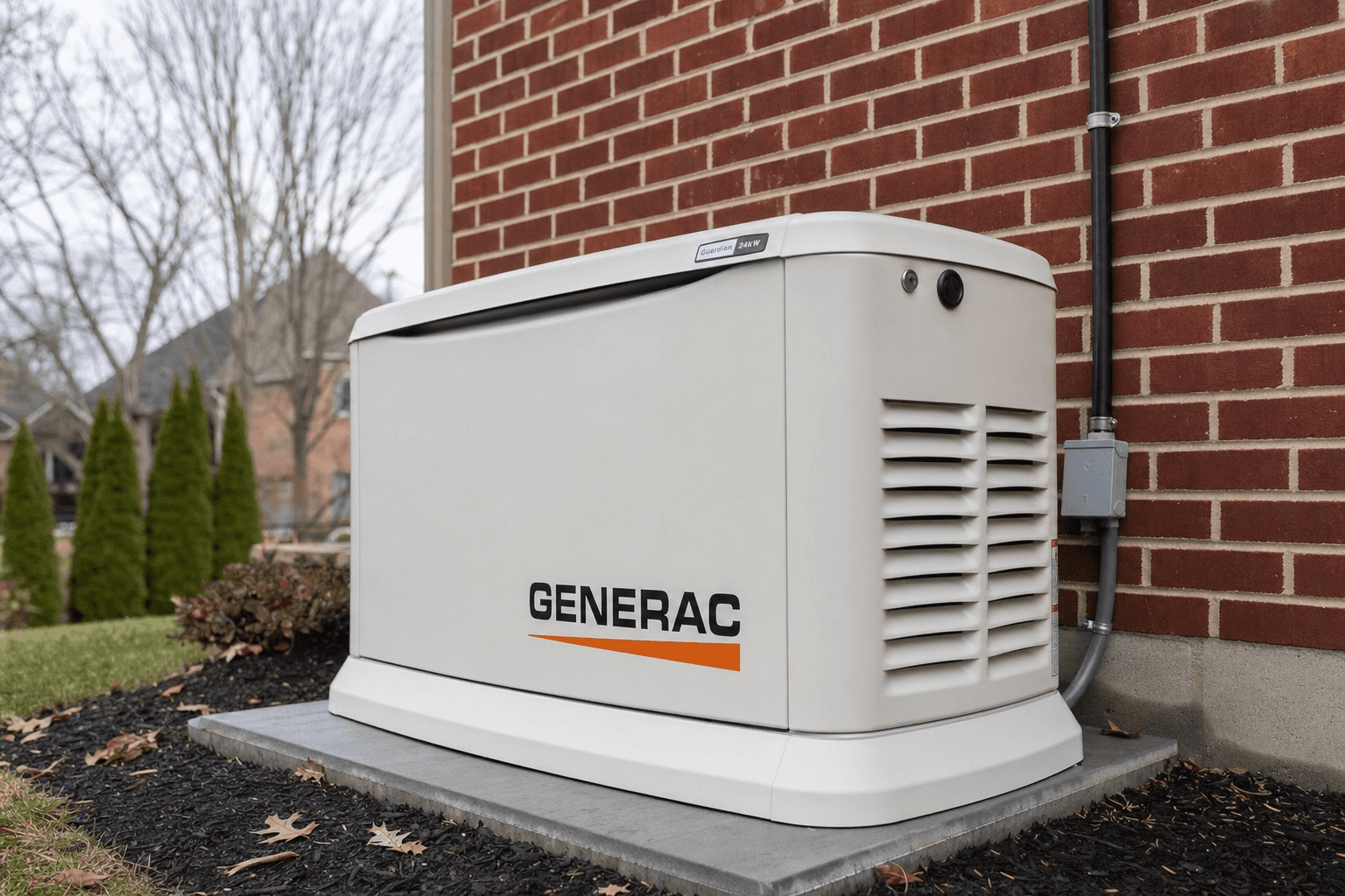 Generac standby home generator installed on a concrete pad beside a brick house in suburban Ontario