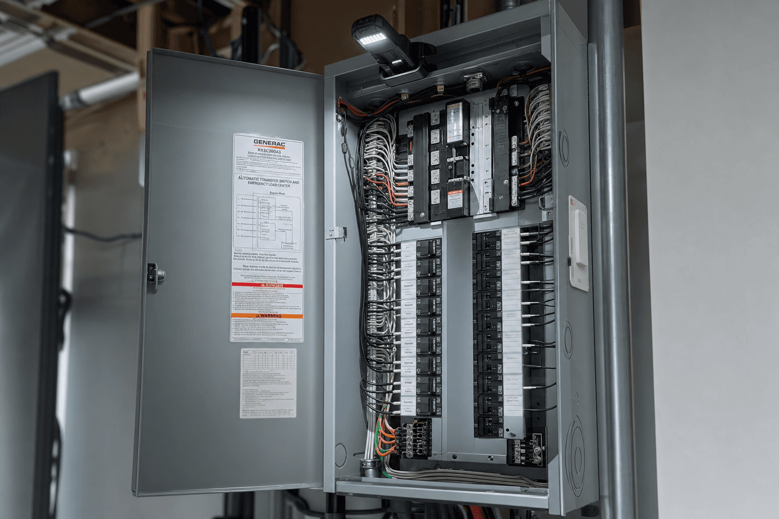 Generac automatic transfer switch and load centre inside a home electrical panel, professionally installed