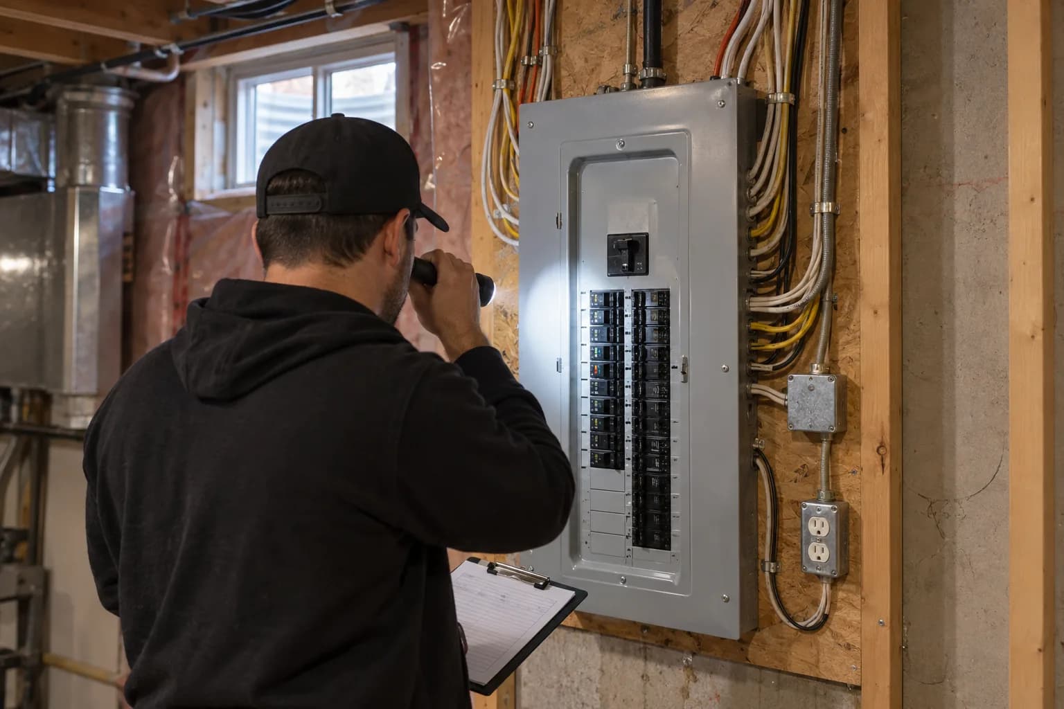 Electrician seen from behind checking an older breaker panel in a basement with a flashlight and clipboard