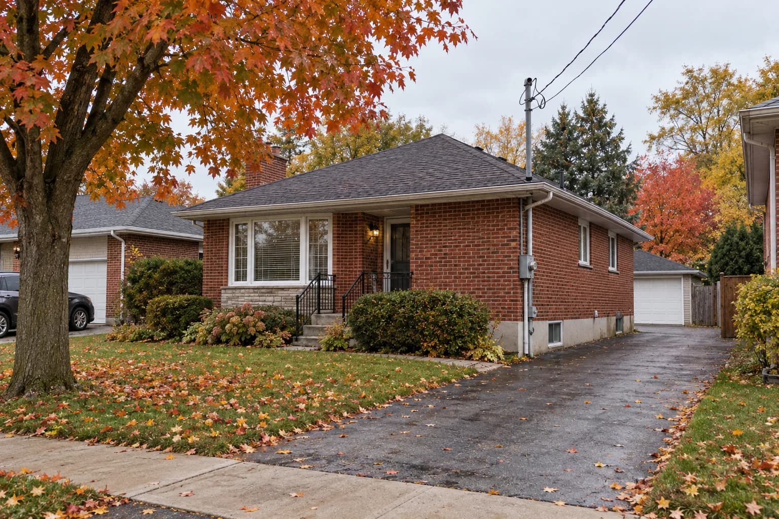 Older red-brick bungalow on a quiet Brampton street with an overhead power line running to the house