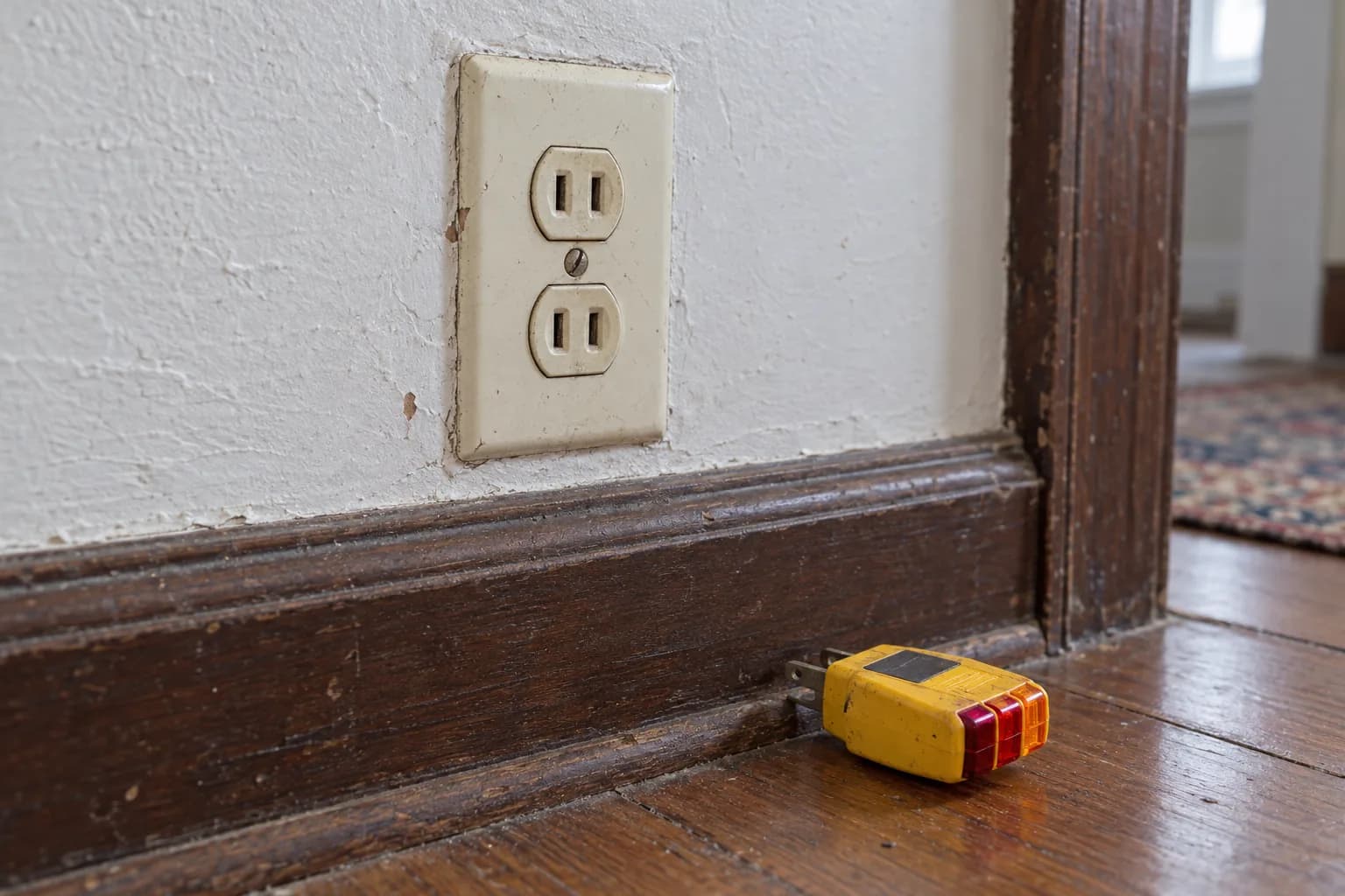 Old two-prong outlet in a plaster wall with a plug-in outlet tester beside it