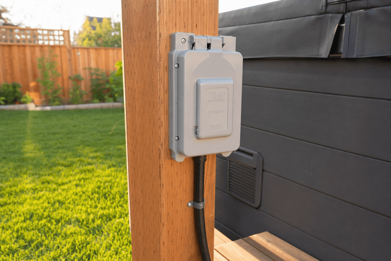 Weatherproof GFCI disconnect box professionally installed next to a hot tub in a suburban Ontario backyard