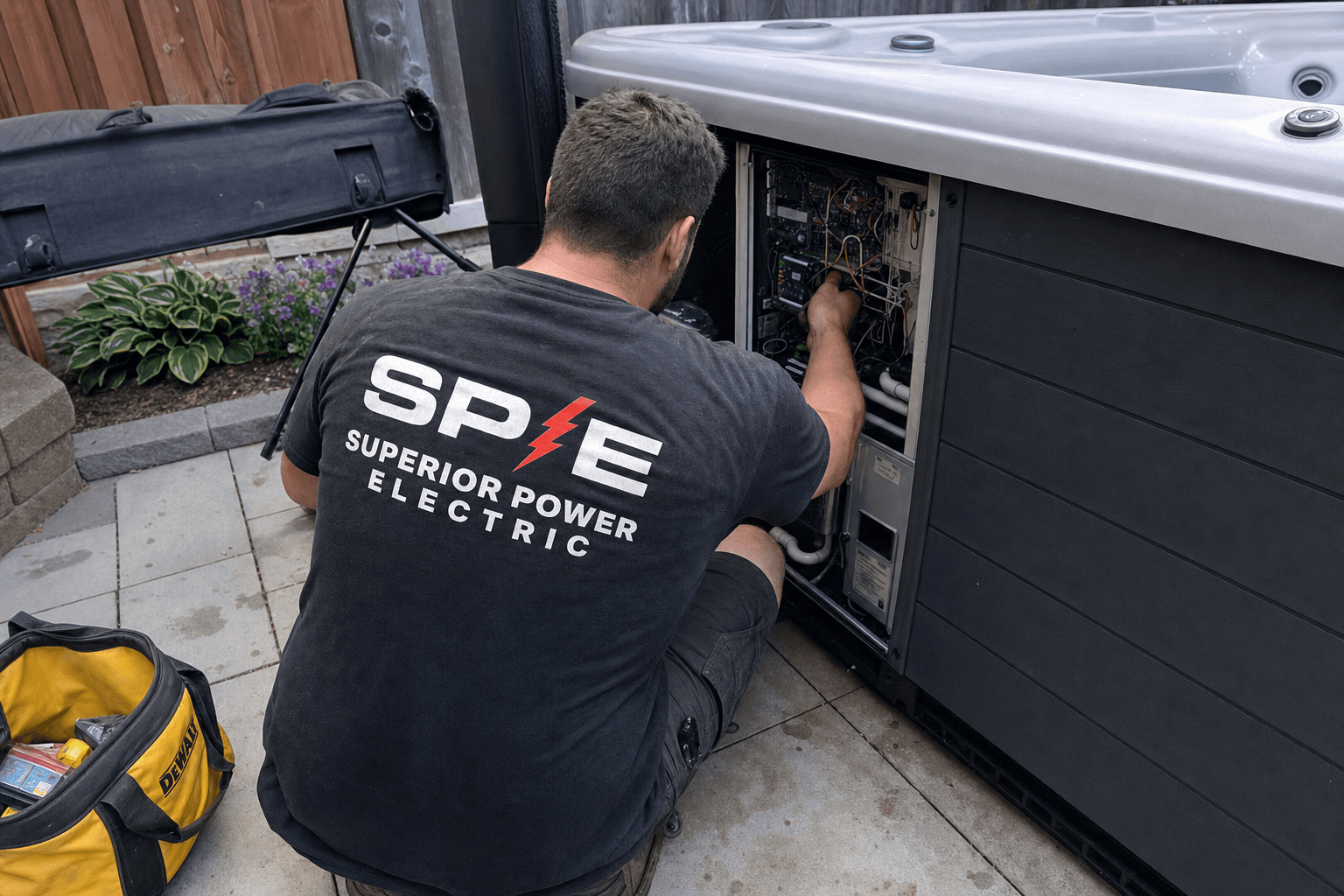 Licensed electrician in Superior Power Electric shirt wiring a hot tub in a Brampton backyard