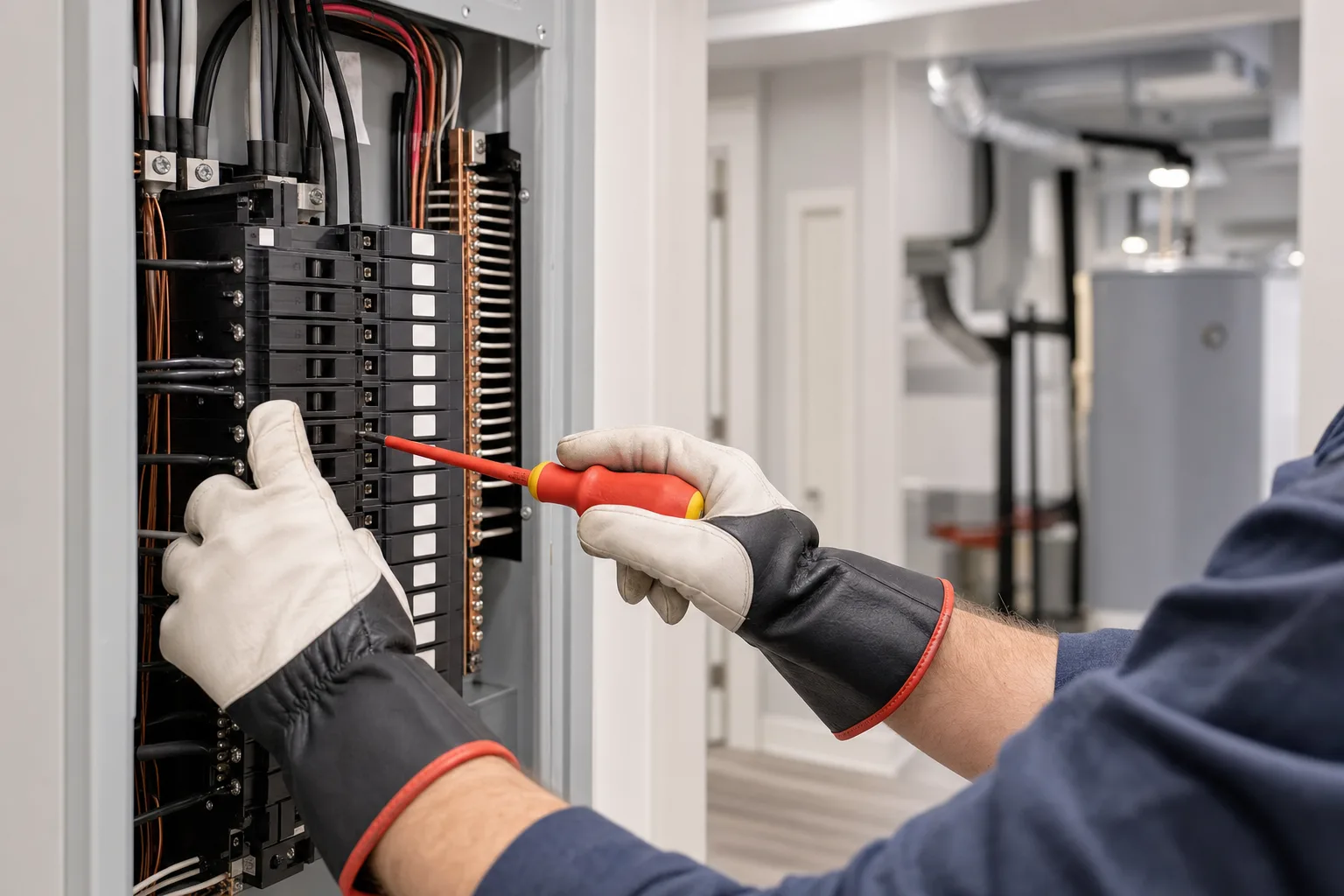 Licensed Superior Power Electric electrician working safely inside a residential electrical panel in Brampton