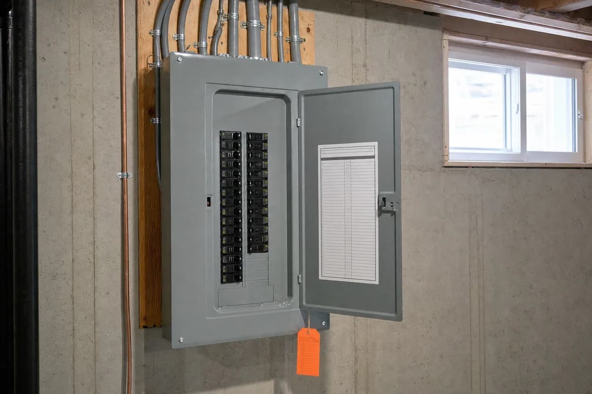 Newly installed 200-amp breaker panel with a printed circuit directory and an inspection tag