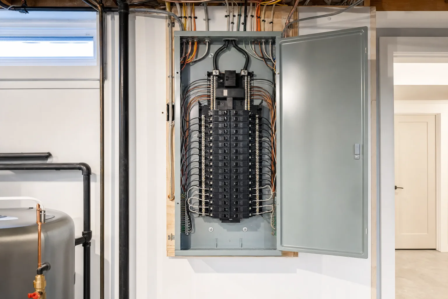 A clean, professionally installed 200-amp electrical panel in a Brampton home