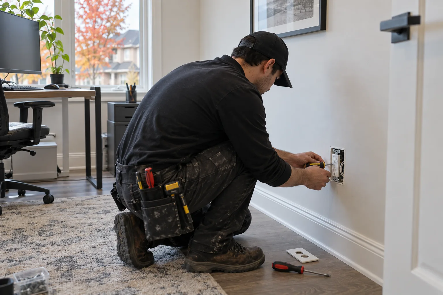 Electrician in a black shirt and cap installing a new white outlet in the wall of a Brampton home office, cover plate not yet on
