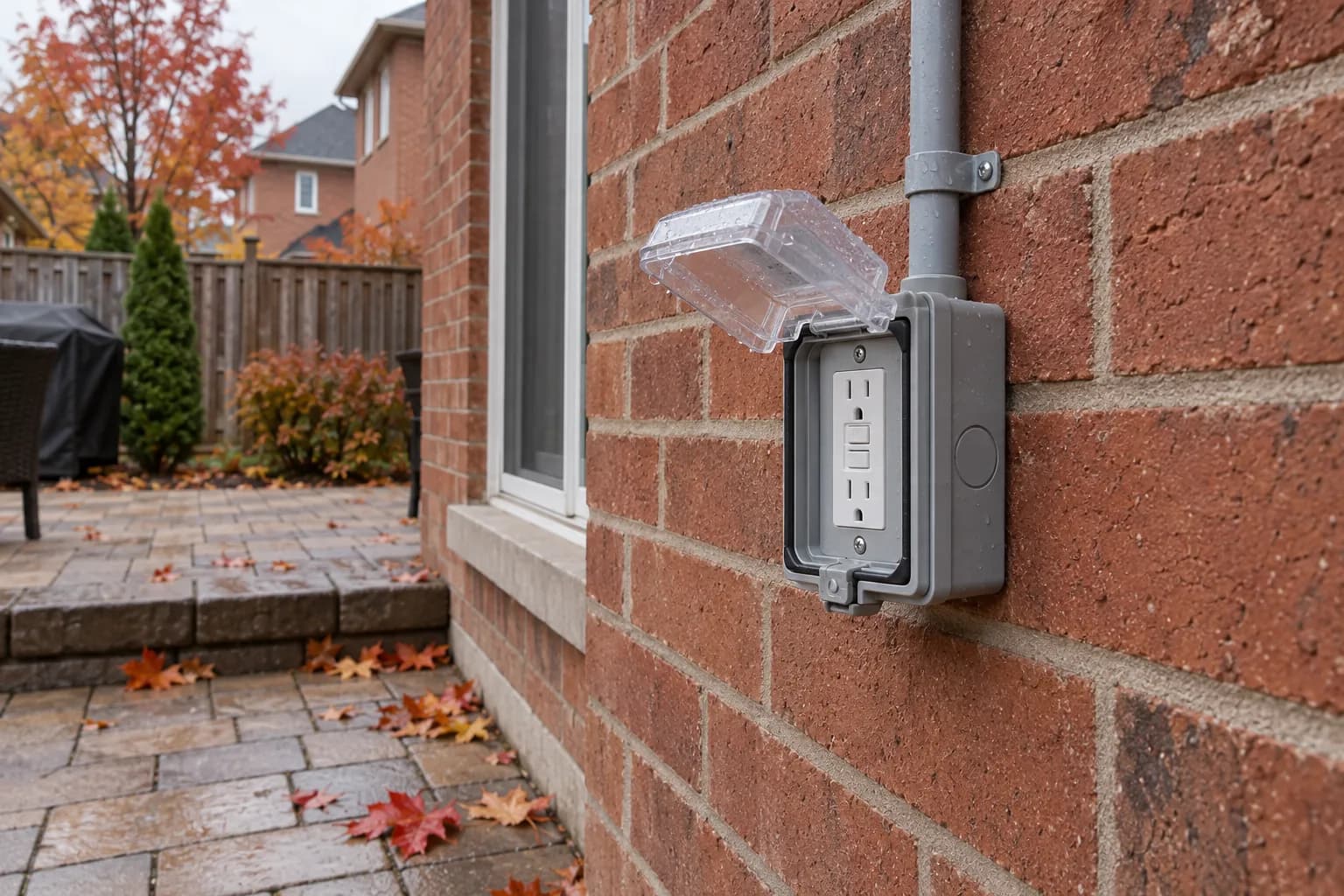 New outdoor GFCI outlet with a clear weatherproof in-use cover mounted on the brick wall of a Brampton home