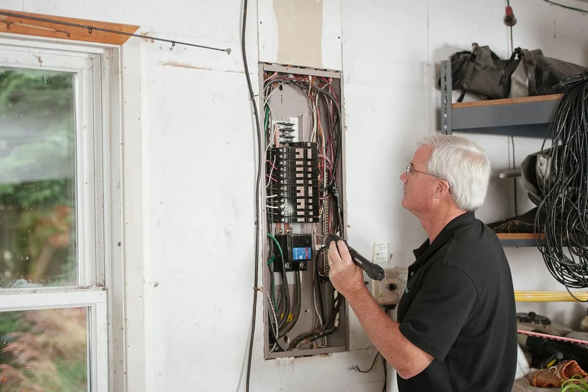 Electrician examining an older 100-amp breaker panel in a garage