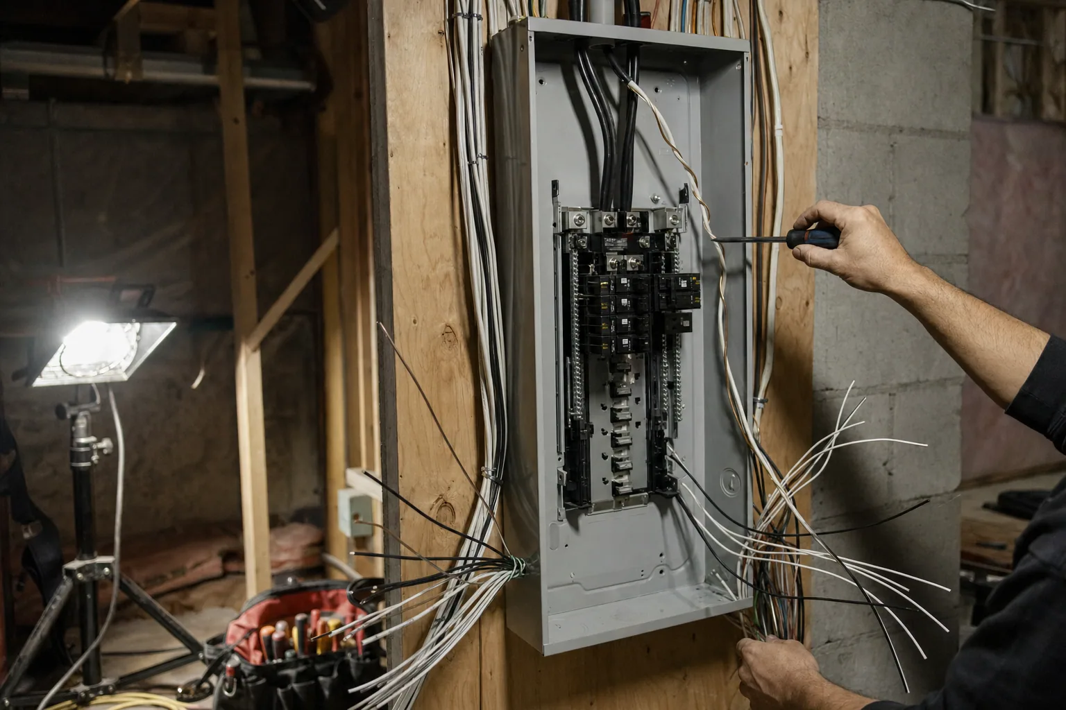 200-amp panel upgrade in progress in an Ontario basement, new panel mounted with half the breakers installed