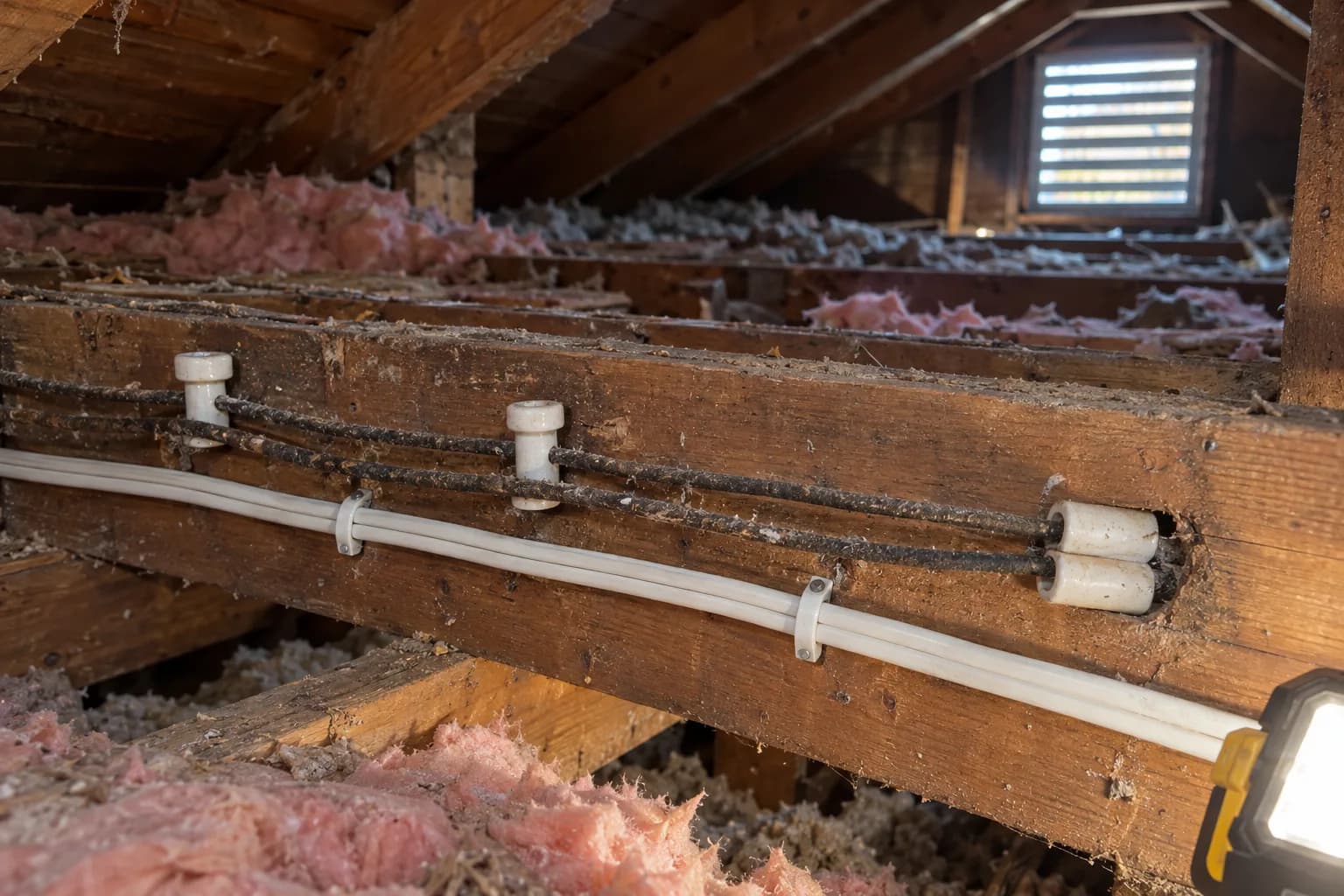 Old knob and tube wiring with white ceramic knobs on attic joists beside a run of new white cable
