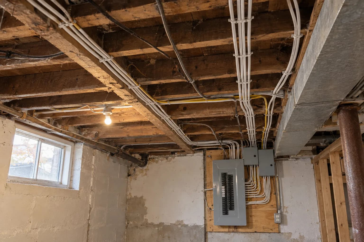 New white NMD copper cable stapled neatly along the floor joists of an older Brampton basement