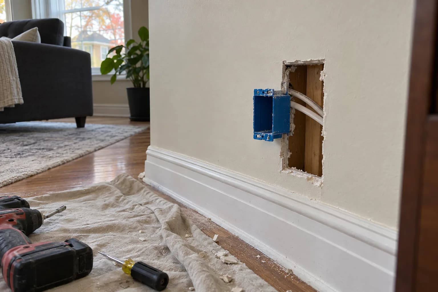 Small rectangular opening cut in a plaster wall above a baseboard with new cable fed through to a new outlet box
