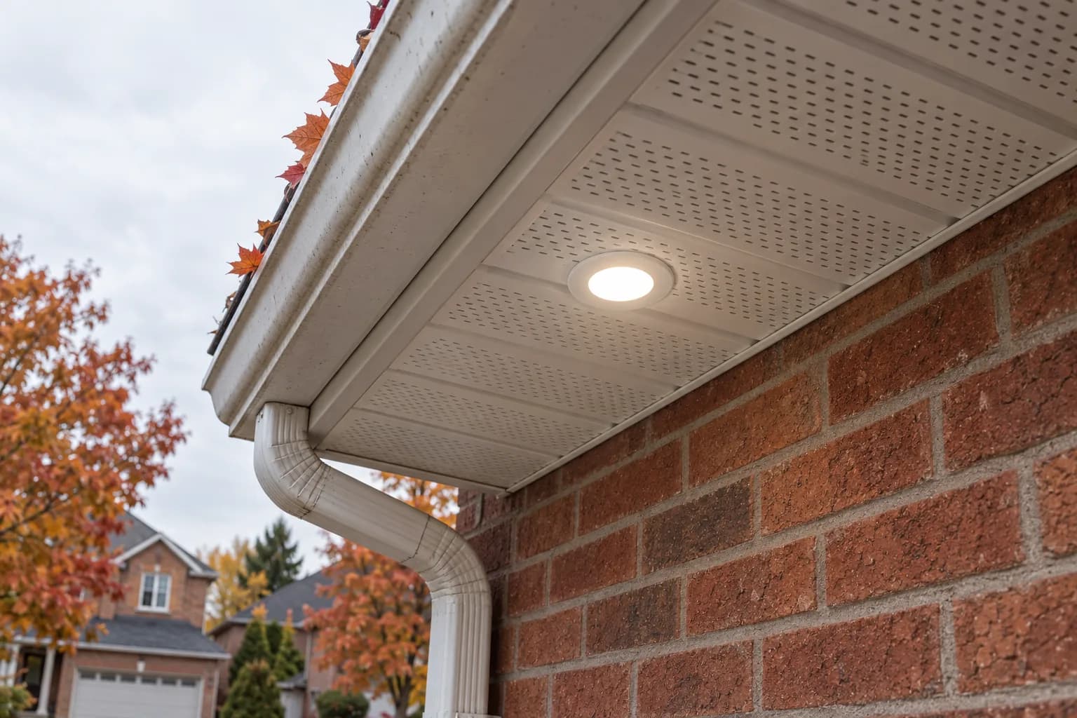Close view of a slim round LED pot light set into a white aluminum soffit above a brick wall in daylight