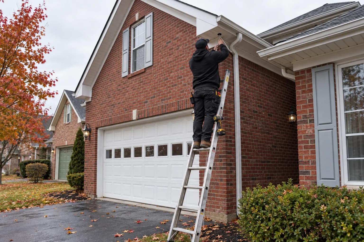 Electrician in a black hoodie and cap on a ladder at the soffit of a brick home, feeding white cable into an opening for a pot light