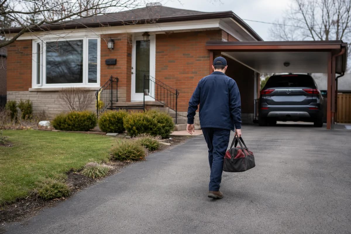 Electrician walking up the driveway of a 1960s brick bungalow with an attached carport in Bramalea, Brampton