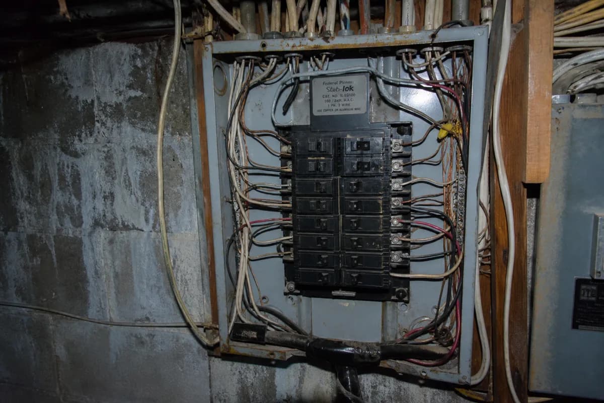 Old Federal Pioneer 100-amp panel with aluminum branch wiring visible in a Bramalea basement